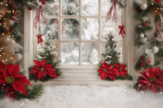 White Christmas Window Digital Backdrop, Floral Photo Background, Winter Wonderland, Holiday Kids Prop, Photoshop & Canva Template