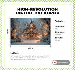 Christmas House Digital Backdrop, Woodland Animals, Wise Owls Photo Background, Winter Wonderland, Holiday Forest Kids Prop, Canva Template