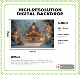 Christmas House Digital Backdrop, Woodland Animals, Wise Owls Photo Background, Winter Wonderland, Holiday Forest Kids Prop, Canva Template