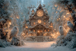 Christmas House Digital Backdrop, Woodland Animals, Wise Owls Photo Background, Winter Wonderland, Holiday Forest Kids Prop, Canva Template