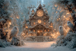 Christmas House Digital Backdrop, Woodland Animals, Wise Owls Photo Background, Winter Wonderland, Holiday Forest Kids Prop, Canva Template