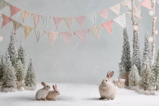 Cute Christmas Digital Backdrop, Studio Photo Background, Woodland Animals, Bunnies, Holiday Kids Prop, Photoshop & Canva Template