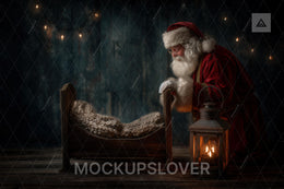 First Christmas Baby Digital Backdrop, Santa Claus, Wood Bed, Studio Photo Background, Holiday Newborn Prop, Photoshop & Canva Template