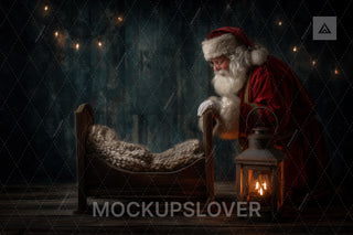 First Christmas Baby Digital Backdrop, Santa Claus, Wood Bed, Studio Photo Background, Holiday Newborn Prop, Photoshop & Canva Template