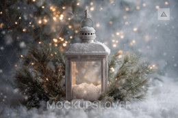 Newborn Digital Backdrop, Christmas Lantern Photo Background, Holiday Baby Prop, Winter Wonderland, Snowy Forest, Photoshop & Canva Template