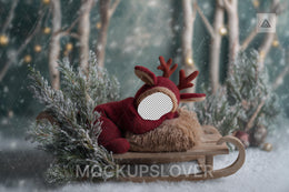 Christmas Baby Reindeer Face Swap Overlay, Woodland Baby Digital Backdrop, Winter Wonderland Photo Background, Holiday Newborn Studio Prop