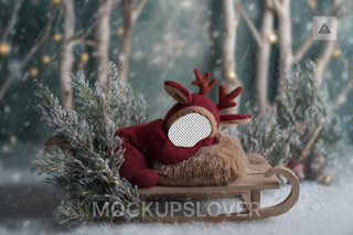 Christmas Baby Reindeer Face Swap Overlay, Woodland Baby Digital Backdrop, Winter Wonderland Photo Background, Holiday Newborn Studio Prop