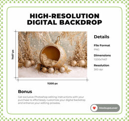Christmas Newborn Digital Backdrop, Christmas Ball, Golden Studio Photo Background, Holiday Baby Boy Girl Prop, Photoshop & Canva Template