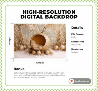 Christmas Newborn Digital Backdrop, Christmas Ball, Golden Studio Photo Background, Holiday Baby Boy Girl Prop, Photoshop & Canva Template
