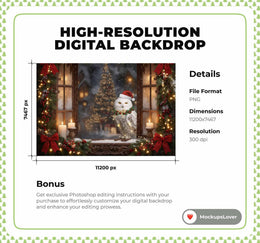 Christmas Window Digital Backdrop, Wise Owl, Winter Wonderland Photo Background, Holiday Kids Portrait Prop, Photoshop & Canva Template