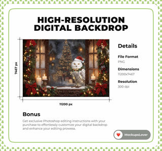 Christmas Window Digital Backdrop, Wise Owl, Winter Wonderland Photo Background, Holiday Kids Portrait Prop, Photoshop & Canva Template