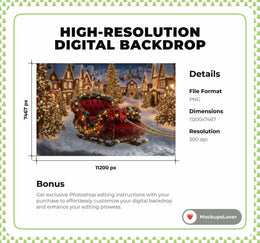 Christmas Santa Sleigh Digital Backdrop, Christmas Village Photo Background, Winter Wonderland, Holiday Kids Prop, Photoshop/Canva Template