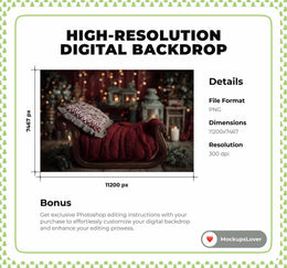 Christmas Baby Digital Backdrop, Wood Bed, Winter Wonderland Photo Background, Holiday Newborn Boy Girl Prop, Photoshop & Canva Template