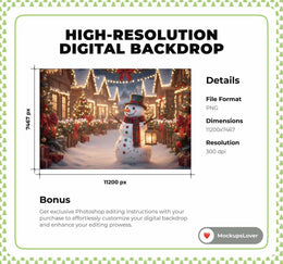 Christmas Snowman Digital Backdrop, Christmas Village Photo Background, Winter Wonderland, Holiday Kids Prop, Photoshop & Canva Template