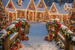 Christmas Village Bridge Digital Backdrop, Winter Wonderland Photo Background, Holiday Kids Prop, Photoshop & Canva Template, Photo Editing