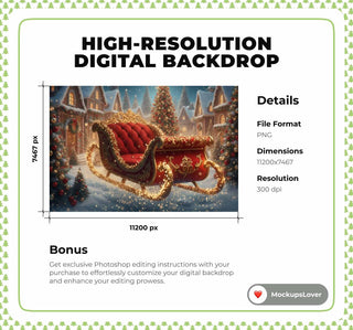 Christmas Digital Backdrop, Santa Sleigh Photo Background, North Pole, Polar Express, Holiday Kids Prop, Photoshop & Canva Template
