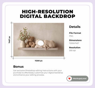 Newborn Face Swap Overlay, Teddy Bear On Wooden Shelf Digital Backdrop, Studio Photo Background, Baby Boy Girl Prop, Photoshop Template