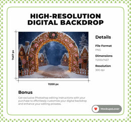 Christmas Digital Backdrop, Arch, Village, Gingerbread Cookies, Winter Photo Background, Holiday Candyland Kids Prop, Photoshop Template