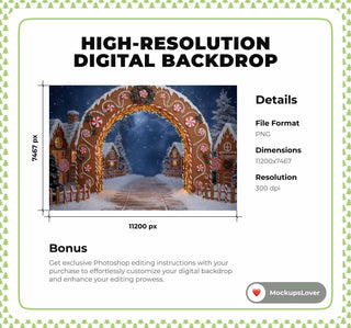 Christmas Digital Backdrop, Arch, Village, Gingerbread Cookies, Winter Photo Background, Holiday Candyland Kids Prop, Photoshop Template