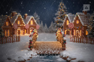 Christmas Village Bridge Digital Backdrop, Candyland Props, Winter Wonderland Photo Background, Holiday Kids Photoshoot, Photoshop Template