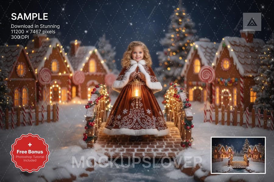 christmas village bridge scene with winter backdrop, perfect for holiday photoshoots