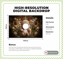 Newborn Face Swap Overlay, Christmas Reindeer Digital Backdrop, Holiday Photo Background, Baby Portrait Prop, Photoshop & Canva Template