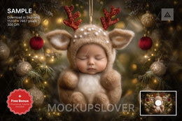baby with face swap overlay in christmas reindeer scene, holiday photo background, digital backdrop for newborn portraits