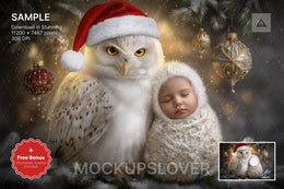 baby with face swap overlay in christmas woodland scene, forest background with owl and animals, holiday portrait prop