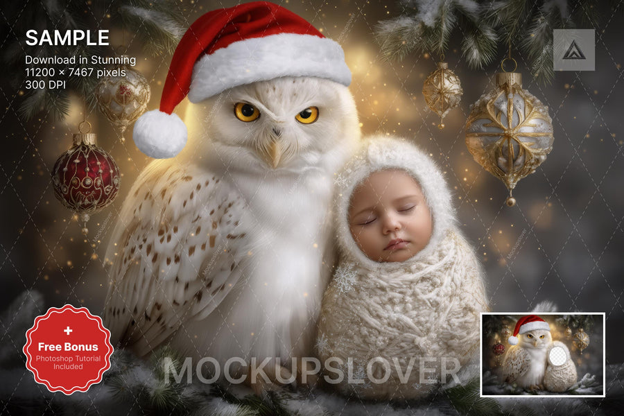 baby with face swap overlay in christmas woodland scene, forest background with owl and animals, holiday portrait prop