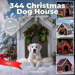 dog house digital background with christmas decorations, pet portrait prop, suitable for photoshop & canva templates