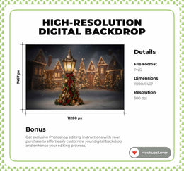 Christmas Lantern Digital Backdrop, Christmas Village Photo Background, Holiday Kids Prop, Winter Wonderland, Photoshop & Canva Template