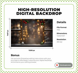 Christmas Window Digital Backdrop, Winter Wonderland Photo Background, Holiday Kids Portrait Prop, Photoshop & Canva Template, Photo Editing