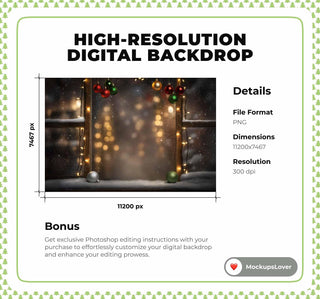 Christmas Window Digital Backdrop, Winter Wonderland Photo Background, Holiday Kids Portrait Prop, Photoshop & Canva Template, Photo Editing