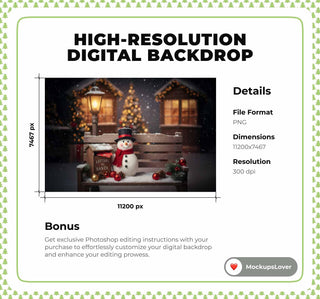 Christmas Digital Backdrop, Wooden Bench, Snowman, Mailbox, Christmas Village Photo Background, Holiday Kids Prop, Photoshop/Canva Template