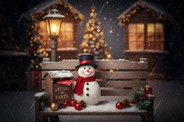 Christmas Digital Backdrop, Wooden Bench, Snowman, Mailbox, Christmas Village Photo Background, Holiday Kids Prop, Photoshop/Canva Template