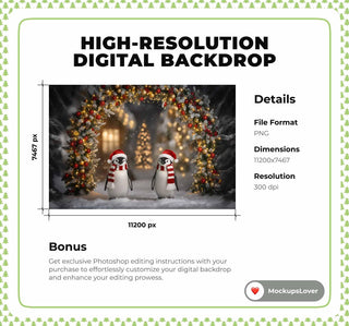 Christmas Animals Digital Backdrop, Penguins, Arch, Winter Wonderland Photo Background, Holiday Kids Prop, Photoshop & Canva Template