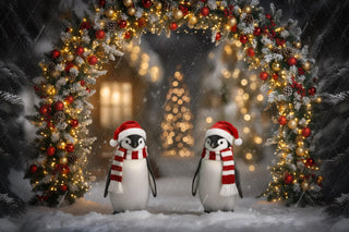 Christmas Animals Digital Backdrop, Penguins, Arch, Winter Wonderland Photo Background, Holiday Kids Prop, Photoshop & Canva Template