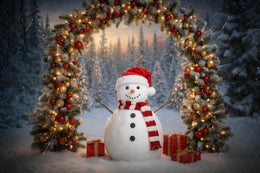 Christmas Snowman Digital Backdrop, Fantasy Forest Arch Photo Background, Holiday Kids Prop, Winter Wonderland, Photoshop & Canva Template