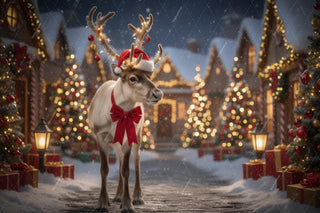 Christmas Reindeer Digital Backdrop, Christmas Village Photo Background, Winter Wonderland, Holiday Kids Prop, Photoshop & Canva Template