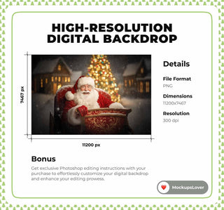 Santa Sleigh Digital Backdrop, Christmas Photo Background, North Pole, Santa Claus, Holiday Kids Prop, Winter Wonderland, Photoshop Template