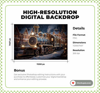 Christmas Train Digital Backdrop, Polar Express Photo Background, North Pole, Holiday Kids Prop, Winter Wonderland, Photoshop/Canva Template