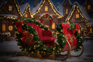 Christmas Village Digital Backdrop, Santa Sleigh Photo Background, Winter Wonderland, Holiday Kids Prop, Photoshop & Canva Template