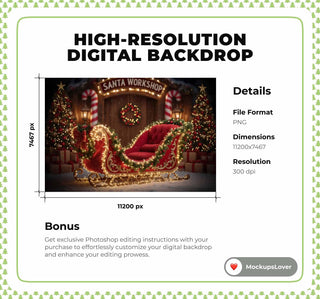 Christmas Digital Backdrop, Santa Sleigh Photo Background, Holiday Kids Prop, North Pole, Winter Wonderland, Photoshop & Canva Template