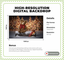 Christmas Animals Digital Backdrop, Teddy Bear, Winter Wonderland Photo Background, Holiday Kids Prop, Fantasy Forest, Photoshop Template