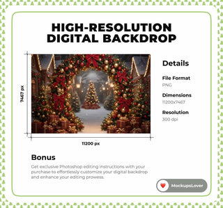 Christmas Arch Digital Backdrop, Christmas Village Photo Background, Holiday Kids Prop, Winter Wonderland, Photoshop & Canva Template