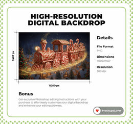 Christmas Train Digital Backdrop, North Pole, Polar Express Photo Background, Winter Wonderland, Holiday Kids Prop, Photoshop/Canva Template