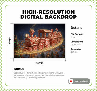 Christmas Train Digital Backdrop, North Pole, Polar Express Photo Background, Winter Wonderland, Holiday Kids Prop, Photoshop/Canva Template