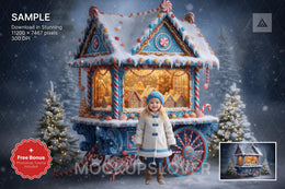 digital backdrop featuring winter wonderland scene with candyland props and farm cart