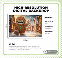 Christmas Digital Backdrop, Giant Gingerbread Photo Background, Holiday Kids Prop, Christmas Cookies, Village, Photoshop & Canva Template