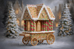 Christmas Digital Backdrop, Gingerbread House, Winter Wonderland Photo Background, Holiday Kids Prop, Farm Cart, Photoshop & Canva Template